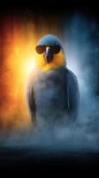Colorful bird showcases sunglasses style against a vibrant background with smoke in a creative composition photo
