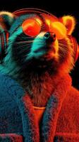 Raccoon wearing headphones and sunglasses in vibrant colors enjoying music in a cozy atmosphere photo