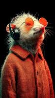 Creative cartoon character of a hedgehog wearing sunglasses and headphones, representing a modern aesthetic photo