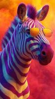 Colorful zebra wearing sunglasses poses against a vibrant sunset background in an imaginative landscape photo