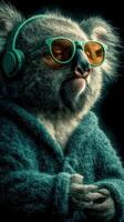 Cool koala wearing sunglasses and headphones relaxing in a vibrant environment with colorful lighting photo