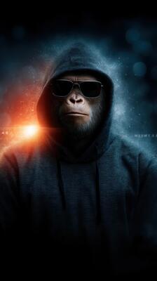 Mysterious gorilla wearing sunglasses and hoodie exudes coolness in dark urban background