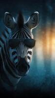 Zebra wearing sunglasses poses in a moody nighttime setting with dramatic lighting effects photo