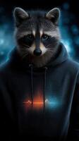 Raccoon wearing hoodie with vibrant heart rate design in a dark, illuminated environment photo