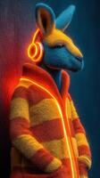Vibrant kangaroo character wearing headphones and a colorful jacket against a dramatic backdrop photo