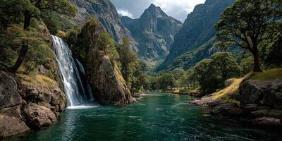 Majestic waterfall cascading into a serene river surrounded by mountains and lush greenery in a tranquil setting photo