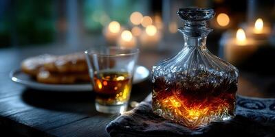Elegant whiskey decanter and glass create a cozy atmosphere with candles and cookies in a warm setting during the evening photo