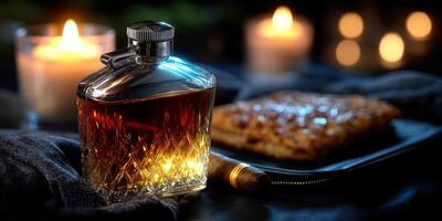 Elegant whiskey flask with warm candlelight and a dessert plate in a cozy setting during the evening photo