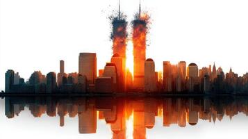 Dramatic sunset over iconic skyline with twin towers engulfed in flames during a catastrophic event photo