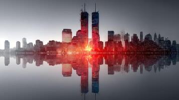 Skyline of New York City with twin towers reflecting in water during twilight photo