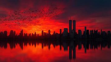 Sunset over the city skyline with a vibrant sky and silhouette of tall buildings photo