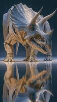 Majestic triceratops stands proudly on reflective surface showcasing natural details and powerful stance in a dramatic setting photo