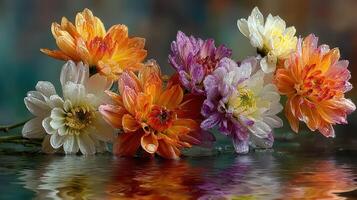 Colorful water lilies bloom gracefully on a tranquil surface during a serene morning photo