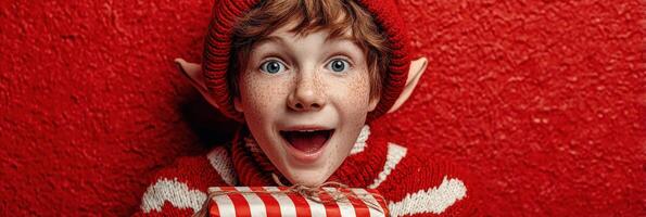 Child in festive elf costume with a red background holding a striped gift during a joyful holiday celebration photo