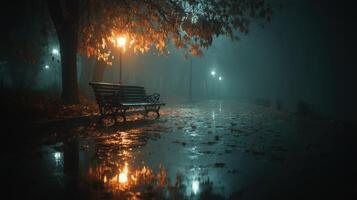 Misty evening in a quiet park with shimmering reflections and a solitary bench under a streetlight photo