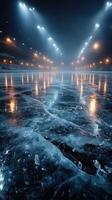Reflections of icy surface in a dimly lit indoor ice rink during a foggy evening photo