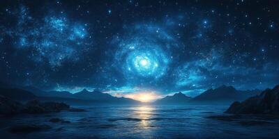 Nighttime coastal view under a starry sky with a glowing galaxy and mountains in the distance photo