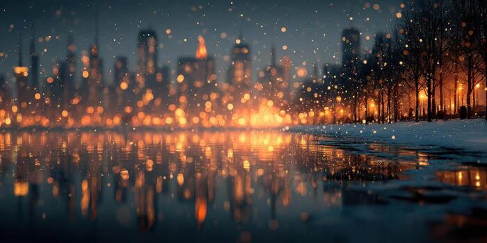City skyline at night with reflections and bokeh lights creating a serene atmosphere along the waterfront photo