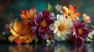 Vibrant flowers arranged artistically on a reflective surface with soft colors and natural elements in the background photo