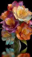 Vibrant bouquet of colorful flowers in glass vase with water droplets reflecting light at home photo