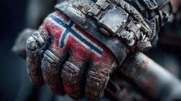 Close-up view of a weathered hand wearing a glove with the Norwegian flag during an outdoor adventure in rugged terrain photo