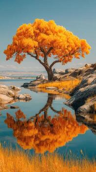 Vibrant autumn tree reflecting on tranquil water at a scenic lakeside location during a sunny day photo