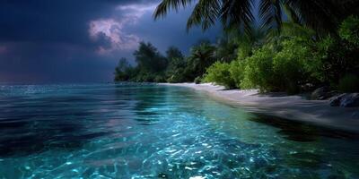 Calm tropical beach with turquoise water and dark clouds at dusk near a lush green shoreline photo