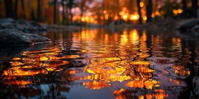 Reflections of autumn foliage in tranquil water at sunset revealing vibrant colors photo