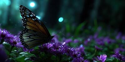 Butterfly resting on purple flowers in a dimly lit garden at night photo