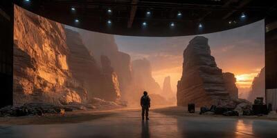 Stunning sunset backdrop in a studio with a lone figure contemplating the cinematic landscape photo