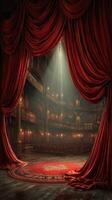 Elegant theater stage with red curtains illuminating an empty auditorium, creating an inviting atmosphere for performances and events photo