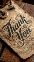 Rustic thank you tag on wooden surface with intricate design and vintage feel photo