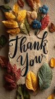 Handcrafted thank you card adorned with colorful dried leaves and flowers on a textured background photo