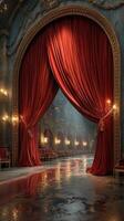 Elegant theater interior featuring grand curtains and warm lighting before a performance in a historic venue at dusk photo