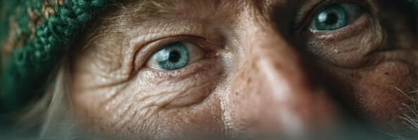 Close-up of an elderly man's expressive blue eyes showing wisdom and experience in a natural setting photo