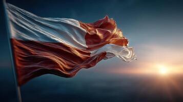 Polish flag waving proudly against a dramatic sky during sunset photo