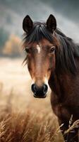 Brown horse standing in golden grass against a blurred natural backdrop in autumn light photo