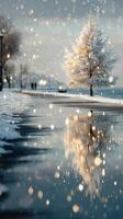 Snow-covered tree reflects in puddle along a serene lakeside path during gentle winter snowfall photo