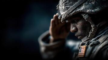 Soldier saluting in dusk light, showcasing pride and respect for service during training or ceremony photo