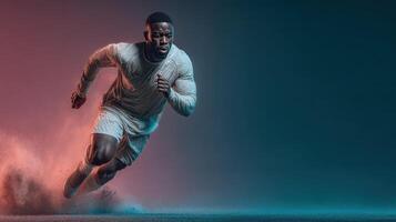 Athlete sprinting on track during training session at dusk with dynamic lighting and dust photo
