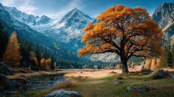 Majestic autumn landscape with vibrant tree near a serene mountain lake at dusk photo