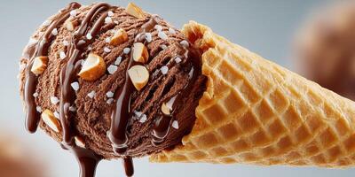 Delicious chocolate ice cream topped with nuts in a waffle cone displayed against a blurred background photo