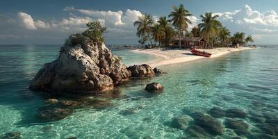 Serene tropical island with clear waters and lush palm trees under a sunlit sky photo