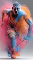 Dynamic runner covered in colorful powder during an energetic sports performance at a vibrant festival in a studio setting photo
