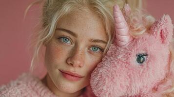 Young girl smiles while posing with a plush unicorn toy against a soft pink background during a cozy indoor setting photo