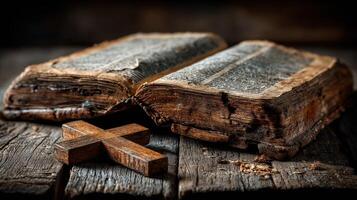 Ancient open book with worn pages next to a wooden cross on a rustic table photo