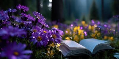 Relaxing in a vibrant meadow surrounded by wildflowers while reading a book during the golden hour of late afternoon photo