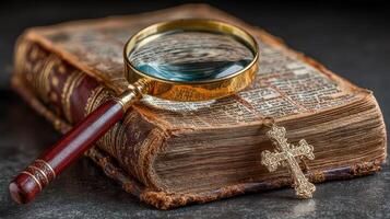 Magnifying glass rests on an open vintage book alongside an ornate cross in a dimly lit setting photo