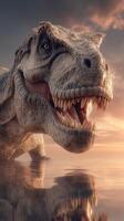 Dinosaur emerges from the water at sunset while showcasing its fierce expression and powerful stature photo