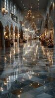 Elegant hallway with marble floors and holiday decorations in a grand lobby at dusk photo